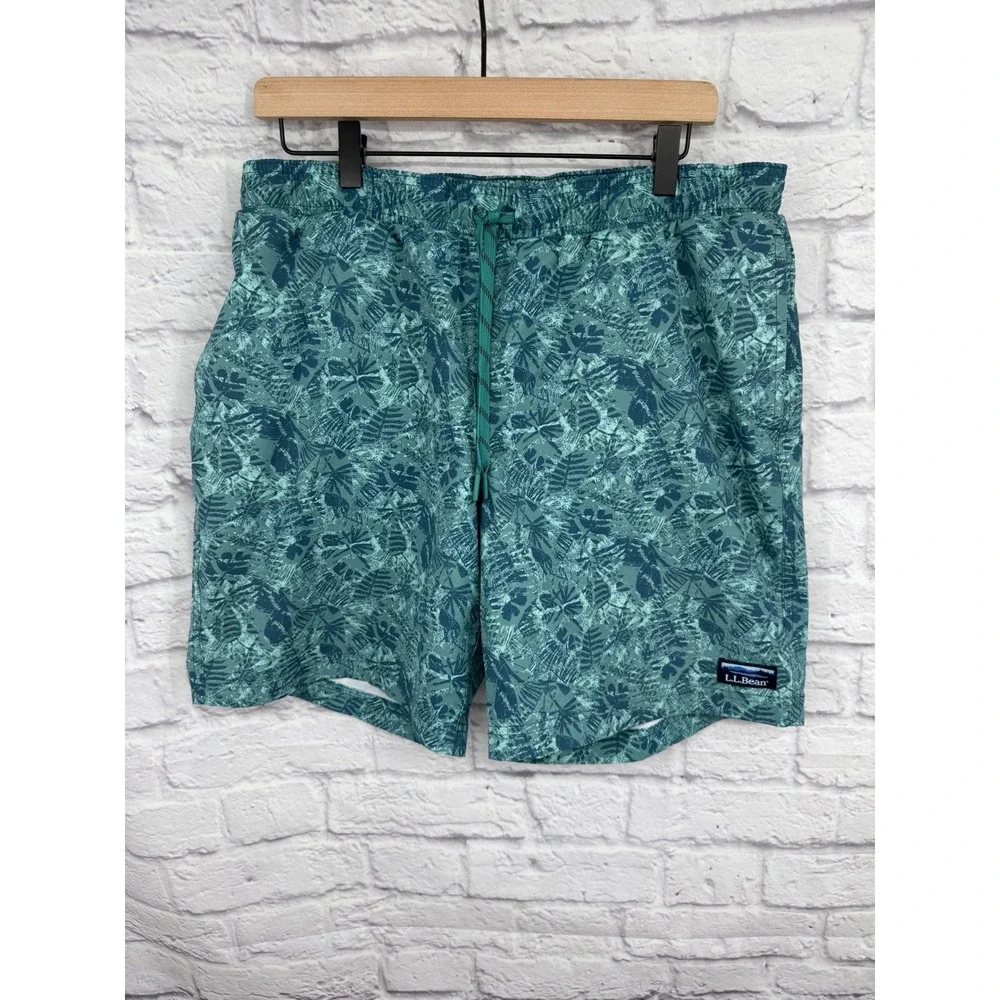 LL Bean Mens Large Teal Tropical Floral Swim Trunks Board Shorts 8 Inseam